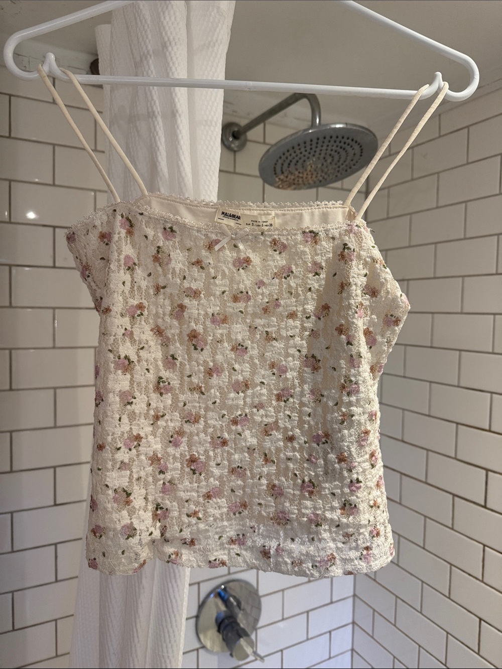 Pull and Bear Sleeveless Cream Floral Textured Cami Top